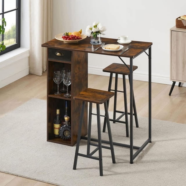 Bingirl Rustic Brown Bar Table and Chairs Set, Dining Table Set, 3pcs Kitchen Dining Table Set with Storage Drawer & Shelf, Pub Table and Chairs Set for Small Spaces and Apartments