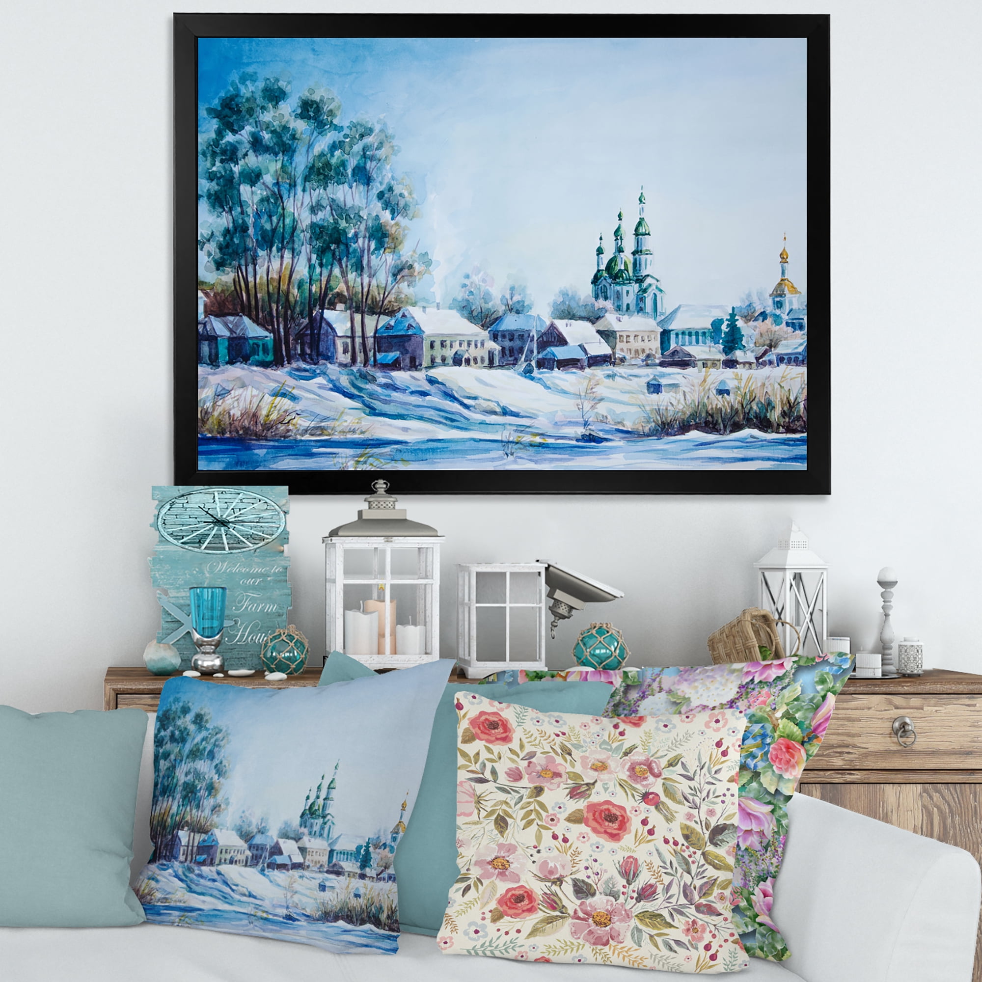 Designart 'Small Town Covered In Snow In Winter Times' Traditional Framed Art Print