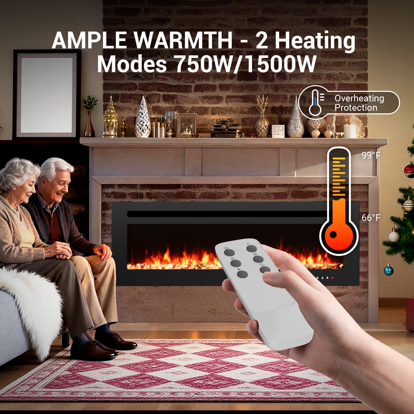 Joreek 60" Electric Fireplace, 750W/1500W, 12 Adjustable Flame Colors, 12-Hour Timer, Low-Noise Design, Supports Wall-Mounted/Freestanding/Built-In Installation