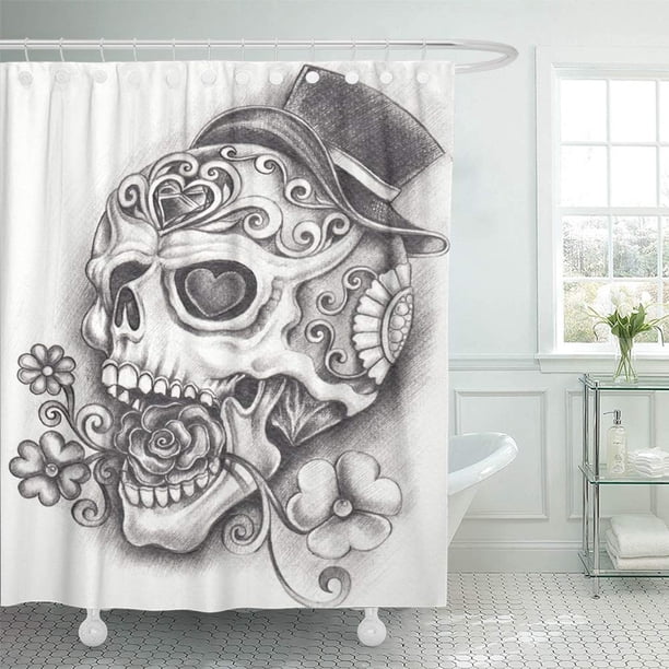 ABPHQTO Calavera de azúcar muerta dibujo a lápiz a mano sobre anatomía artista hueso dibujos animados creatividad muerte cortina de ducha cortina de baño 165x180 cm ABPHQTO PKNMT66x72Shower-11717