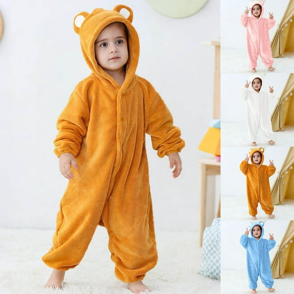 dazeni Kids Cute Teddy Onesie Boys Girls Fuzzy Fleece Pajamas Jumpsuit Soft Flannel Button Down Hooded Jumpsuit Halloween Christmas Gift Yellow 9 Months