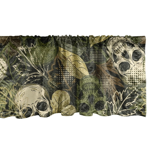 Halloween Window Valance, Sketch Style Exotic Skull Pattern With Leaves Grunge Vibes Print, Curtain Valance for Kitchen Bedroom with Rod Pocket, 54" X 18", Pale Olive Green Eggshell, by Ambesonne