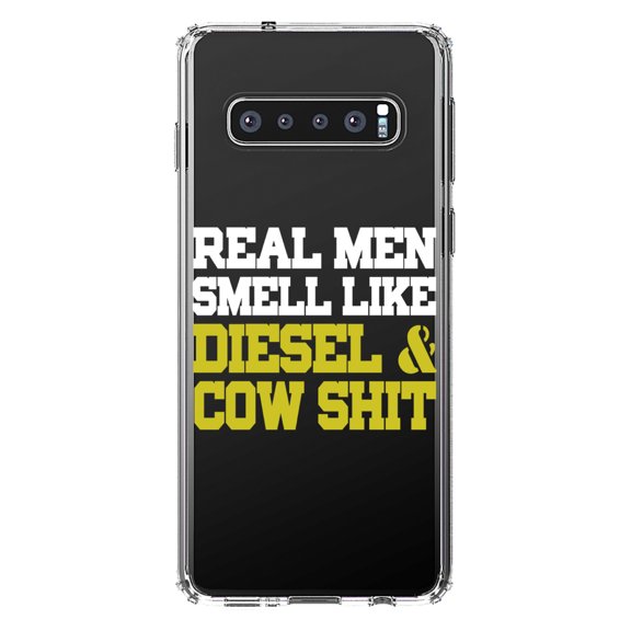 DistinctInk Clear Shockproof Hybrid Case for Samsung Galaxy S10  PLUS (6.4" Screen) - TPU Bumper Acrylic Back Tempered Glass Screen Protector - Real Men Smell Like Diesel & Cow S**t