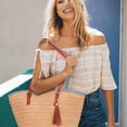 thumbnail image 2 of Large handbag, summer beach bag ladies shoulder bag with leather handles tassel handle bag women beach bag crossbody bag shopping bag raffia bag for travel daily (beige-white)-Khaki, 2 of 5