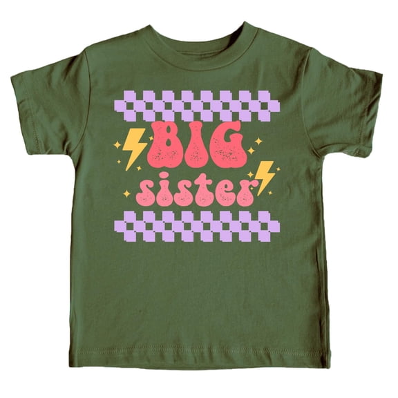 Big Sister Retro Lightning Shirt for New Baby Pregnancy Reveal Outfit for Baby and Toddler Youth Girls Military Green Shirt 4T