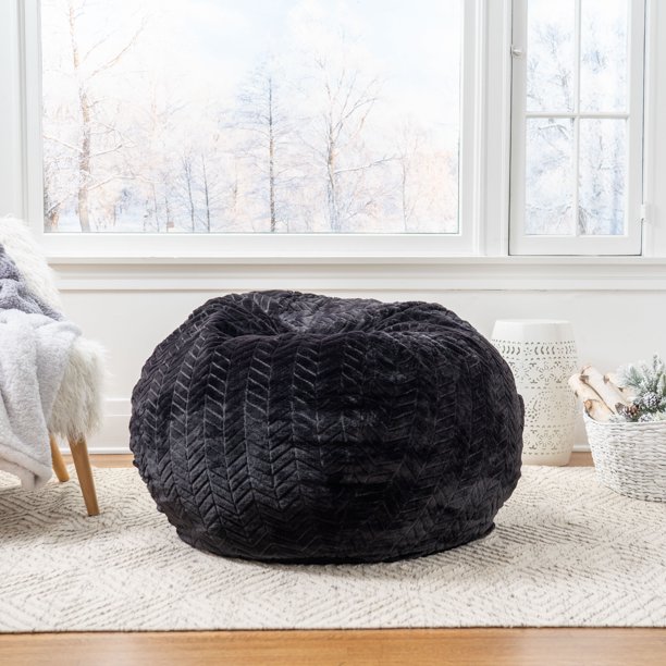 Noble House 3' Faux Fur Bean Bag Chair, Black