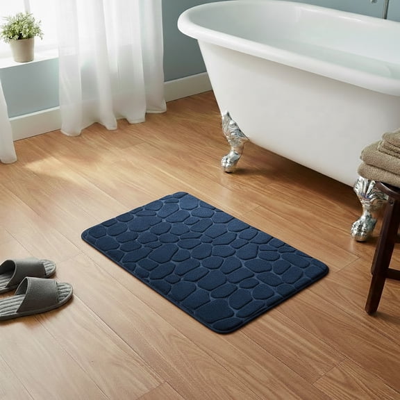 Evideco French Home Goods Memory Foam Bath Mat Navy Blue Pebble Design 32x20