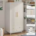 thumbnail image 3 of Oubayajia Wardrobe Armoire Closet, 2 Fluted Doors Wardrobe Cabinet with 3-Drawer and Hanging Rod, Wood Wardrobe Storage for Bedroom, 3 of 9
