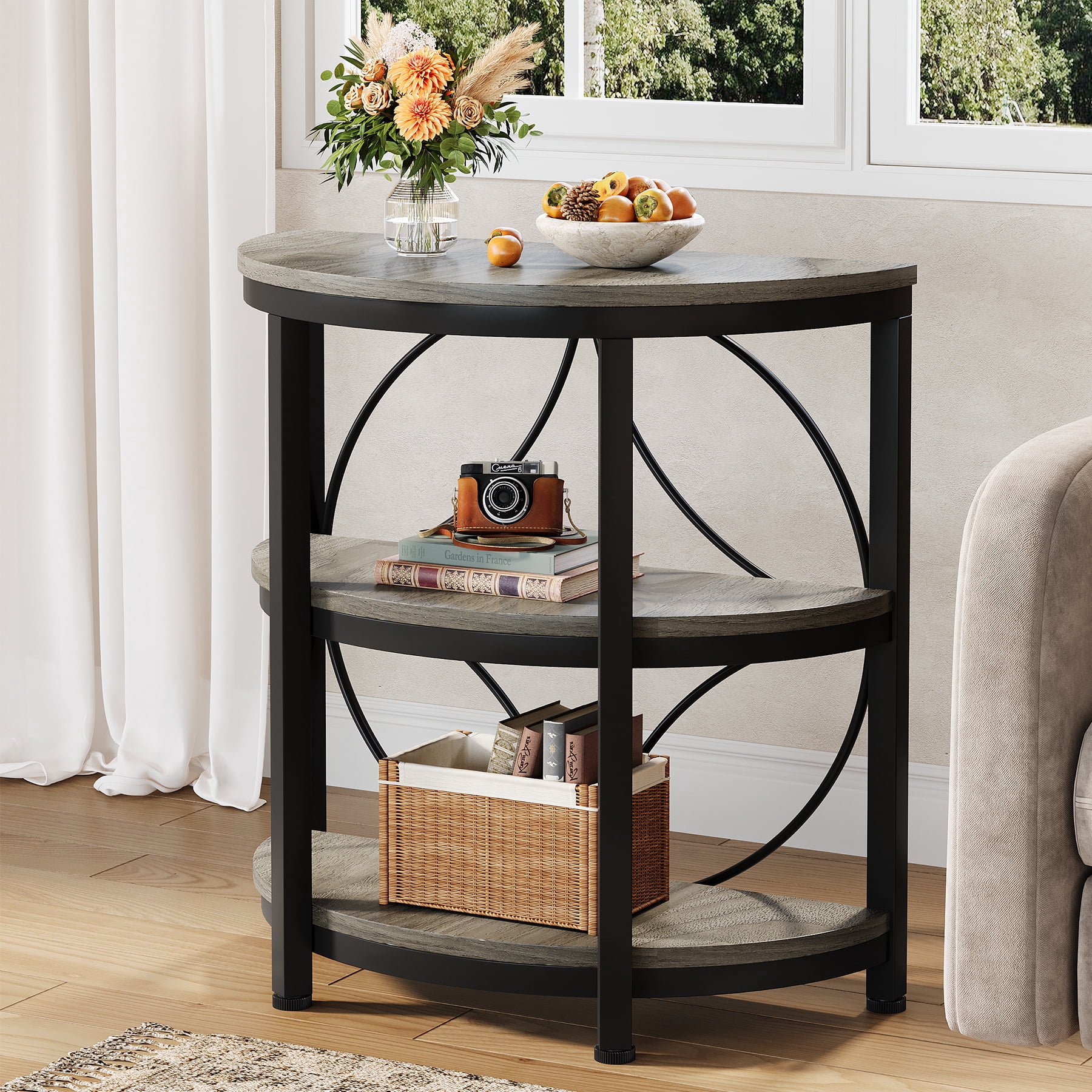Fnova Farmhouse Half-Moon End Table, 3-Tier Storage Wood Side Table with Metal Frame, Modern Bedside Table, Narrow Sofa Table for Living Room Bedroom, Easy Assembly, Gray