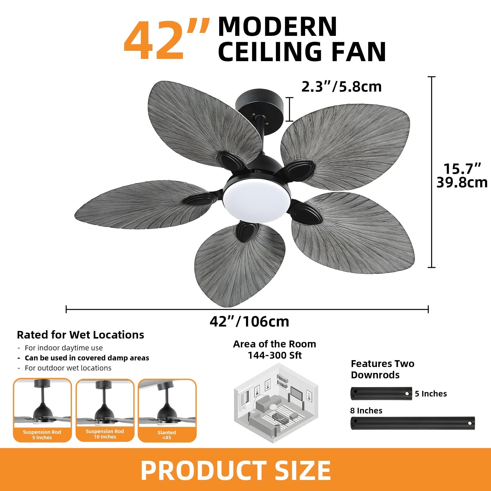 Craftian 42" Tropical Smart Ceiling Fan with LED Light & Remote, Alexa & Google Compatible, Quiet Reversible DC Motor, 5 Palm Leaf Blades - Gray