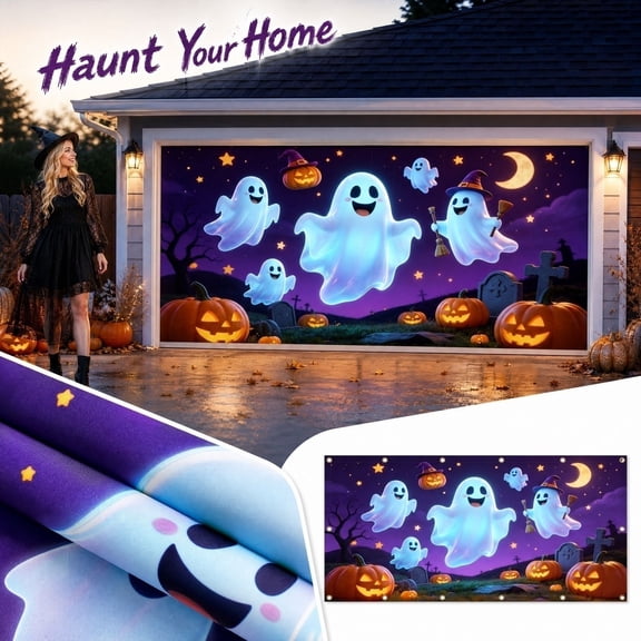 Halloween Garage Door Decorations, Halloween Ghost Decor, Halloween Pumpkin Decorations, Halloween Outdoor Hanging Decorations, 150X100Cm Cute Purple Night Graveyard Scene Hanging