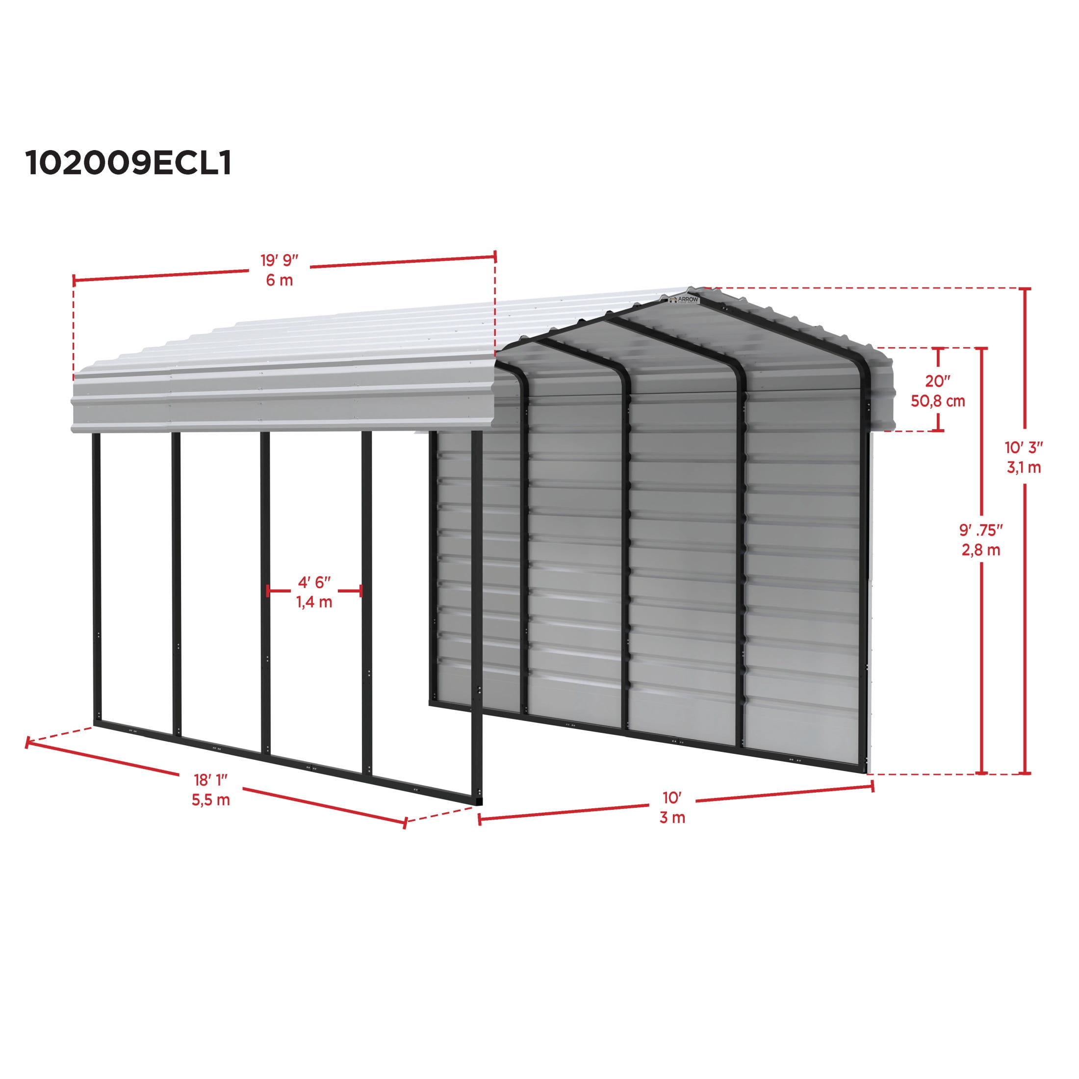 Arrow 10 x 20 x 9 ft Eggshell Carport With 1 Side Wall Kit