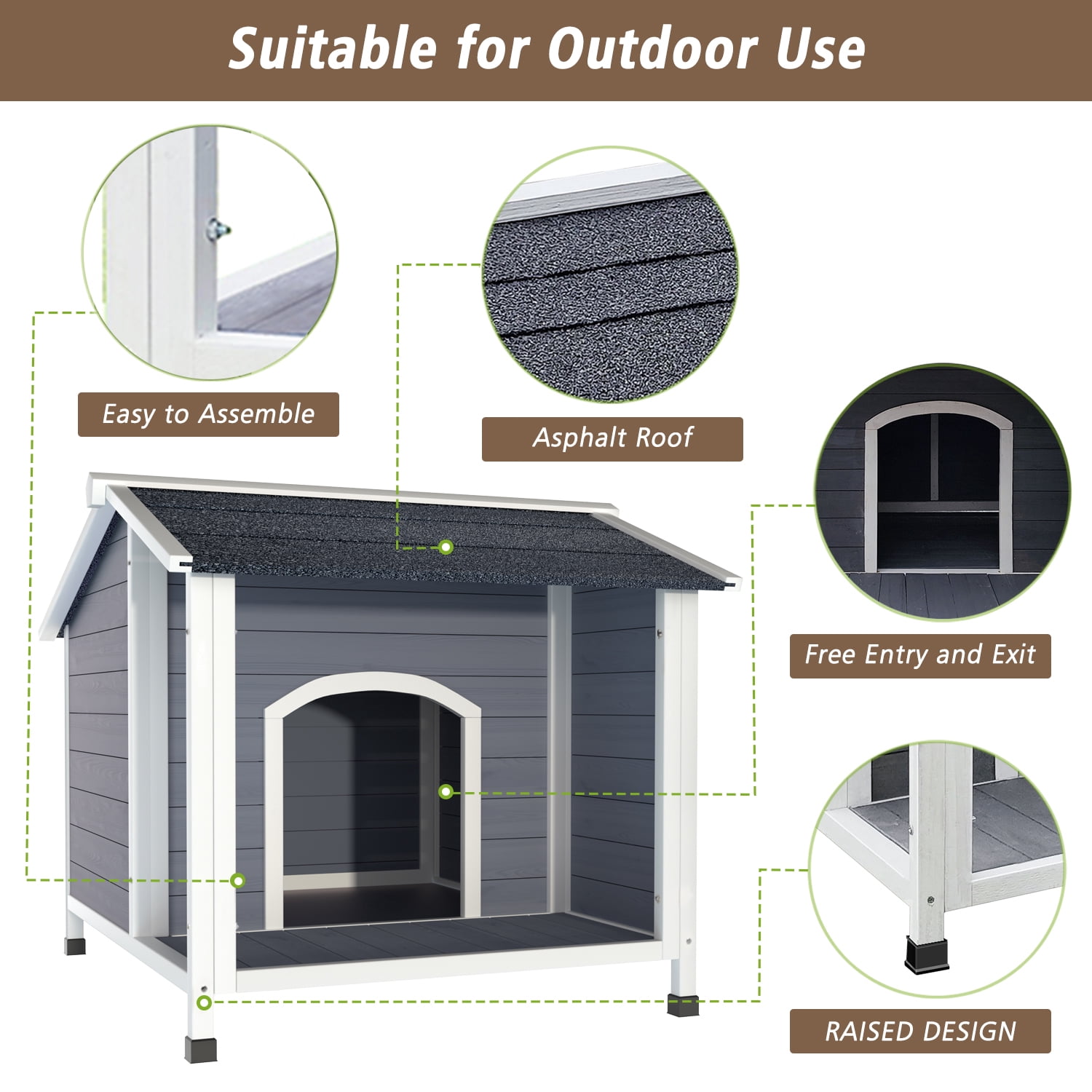 Outdoor Dog House, Weatherproof Wooden Dog Shelter with Asphalt Roof, Raised Floor Design, Easy Assembly, for Small to Medium Dogs