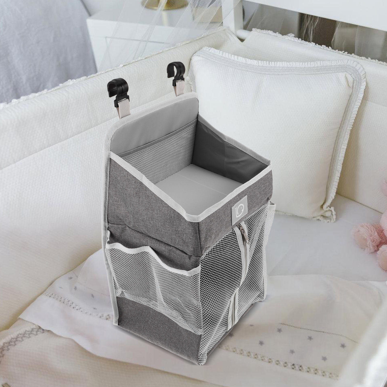 TEHAUX Baby Bedside Storage Bag Dark Grey Polyester Organizer for Nursery and Home, 1 Pack, Multi-Pocket Design