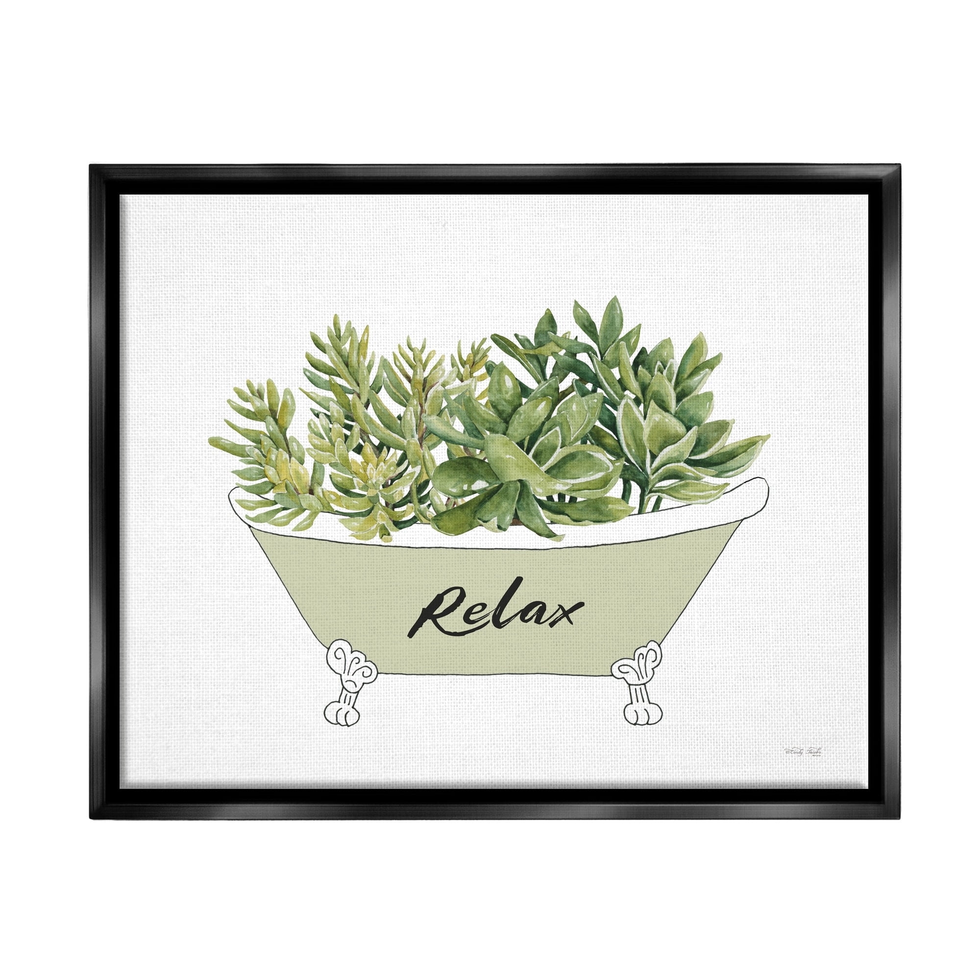 Stupell Industries Claw Foot Bathtub Succulent Plants Relax Typography Graphic Art Jet Black Floating Framed Canvas Print Wall Art, Design by Cindy Jacobs
