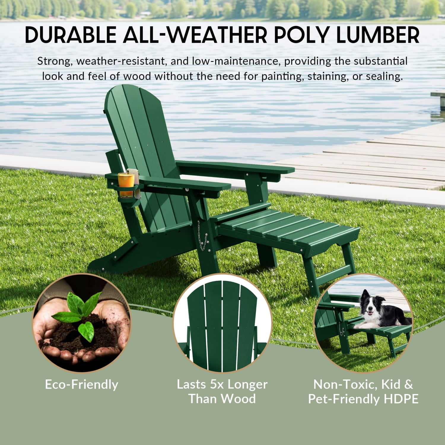 WestinTrends Malibu Folding Adjustable Adirondack Chair with Retractable Ottoman and Cup Holder, Dark Green