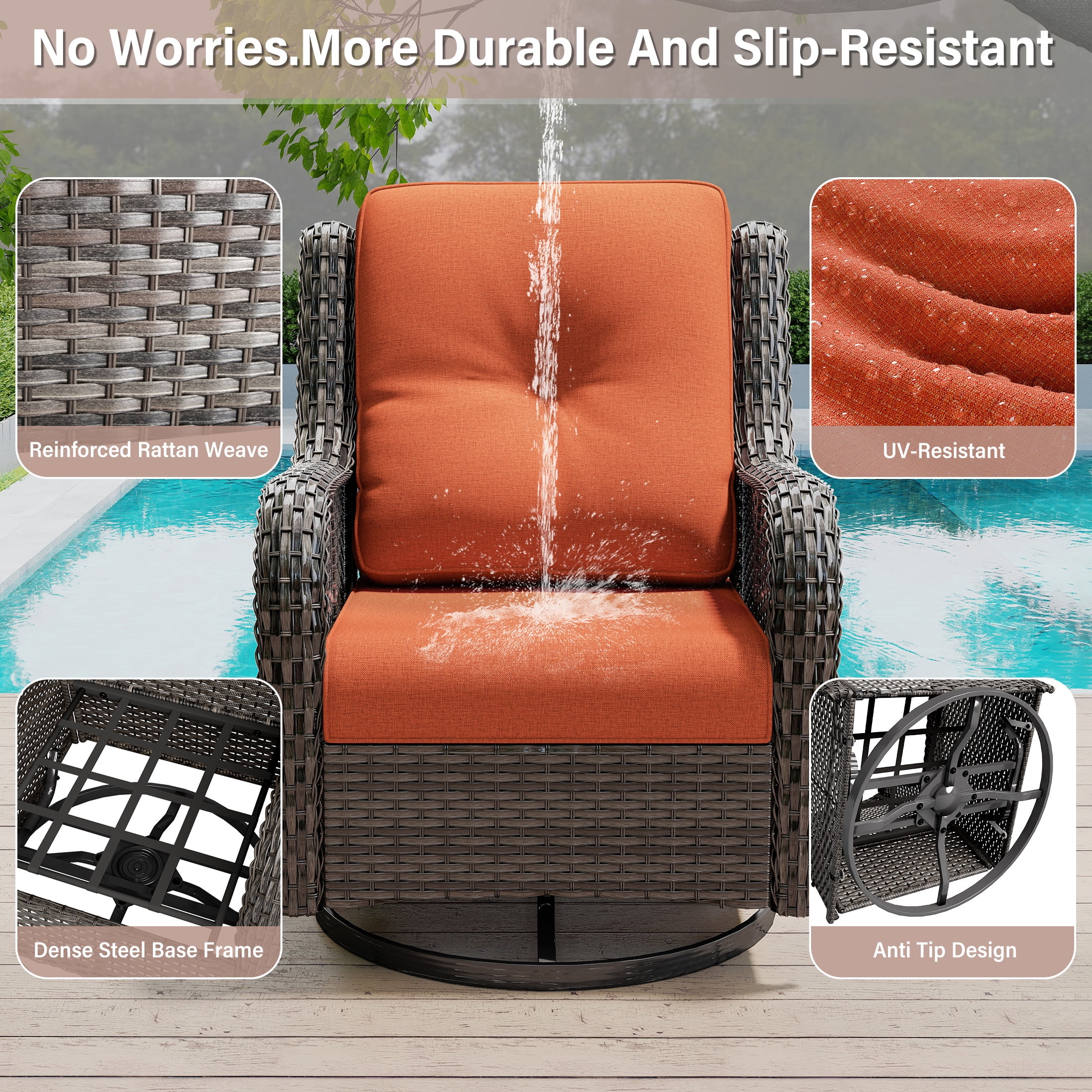 MeetLeisure 7 Piece Wicker Patio Furniture Set, 2 Swivel Rocker Chairs, 4 Rattan Armchairs, 1 Side Table, High Back, Deep Seating, Thick Cushions for Deck Porch, Orange