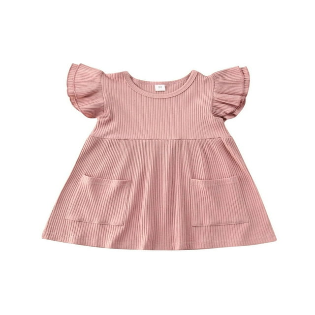 Robe à Manches Volantes Double Couche pour Petites Filles Grande Poche Robe Tricotée