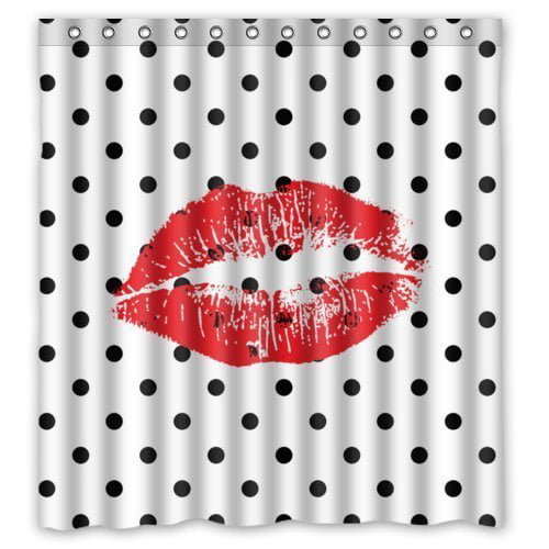Ganma Sexy Red Lips Kiss with Black and White Polka Dots Shower Curtain ...