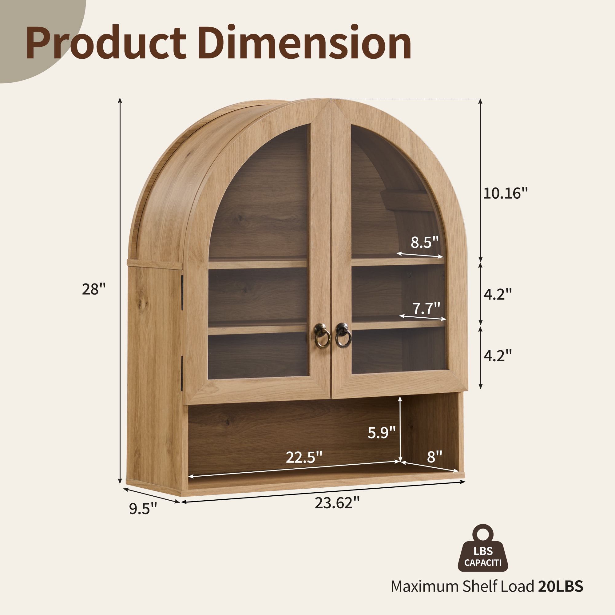 SinCiDo Arched Wall Cabinet with Adjustable Shelves & Glass Doors, Natural