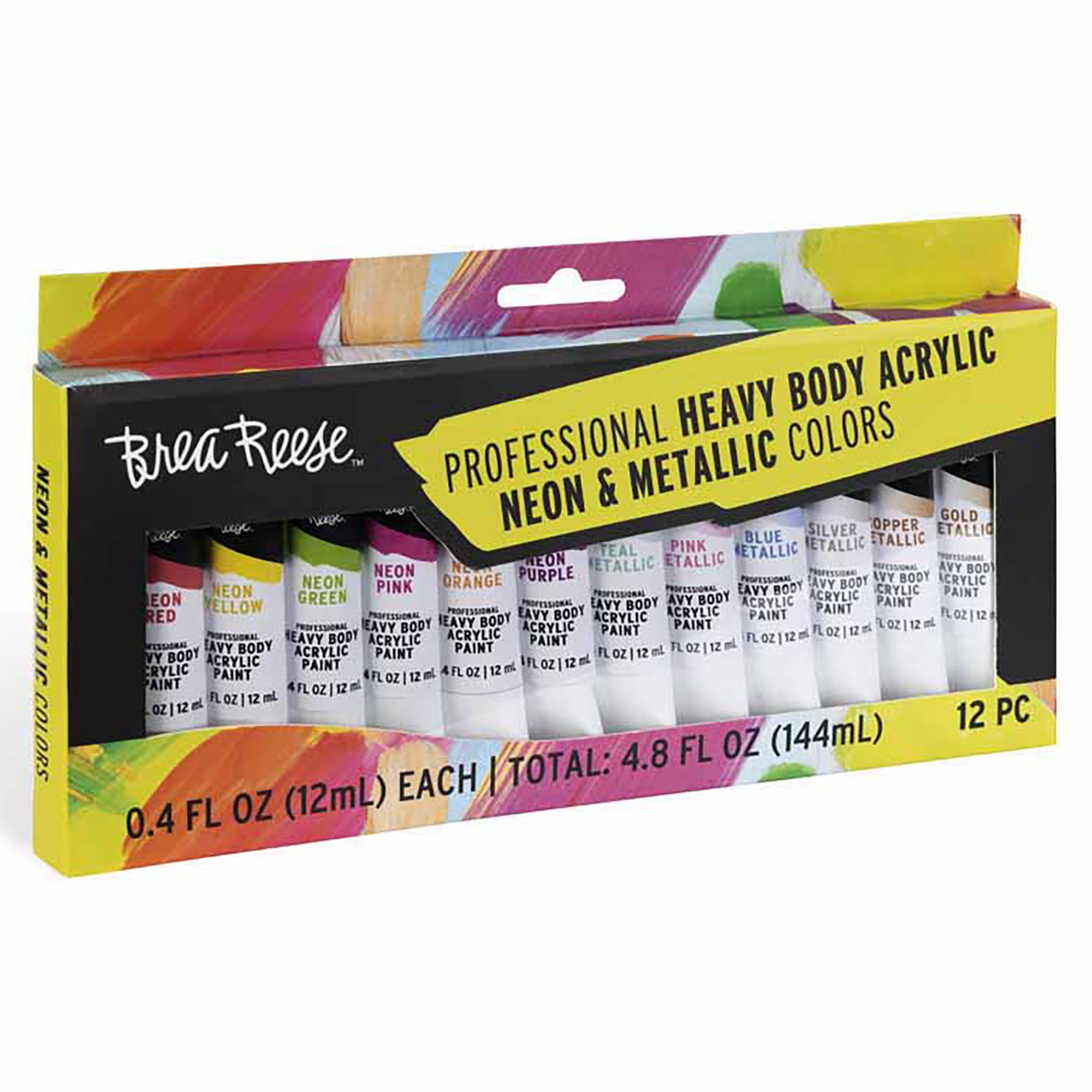 Brea Reese: Professional Heavy Body Acrylic Paint Set - Neon & Metallic Colors - 12 Tubes - Bold Pigments, Water-Based & Non-Toxic, Adult Art Supplies