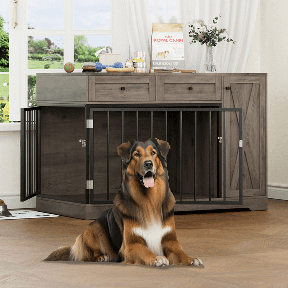 Homfa Dog Crate with Storage Cabinet and 2 Drawers, Indoor Furniture Style Wooden Large Dog Kennel, Wash Gray