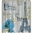 thumbnail image 3 of Paris Eiffel Tower Shower Curtain Vintage French Blue Floral Hydrangea France Romantic Blossom Butterfly Retro Car Europe Postmark Envelope Bathroom Curtain Set with Hooks-72"W x 74"L (Pack of 1), 3 of 6