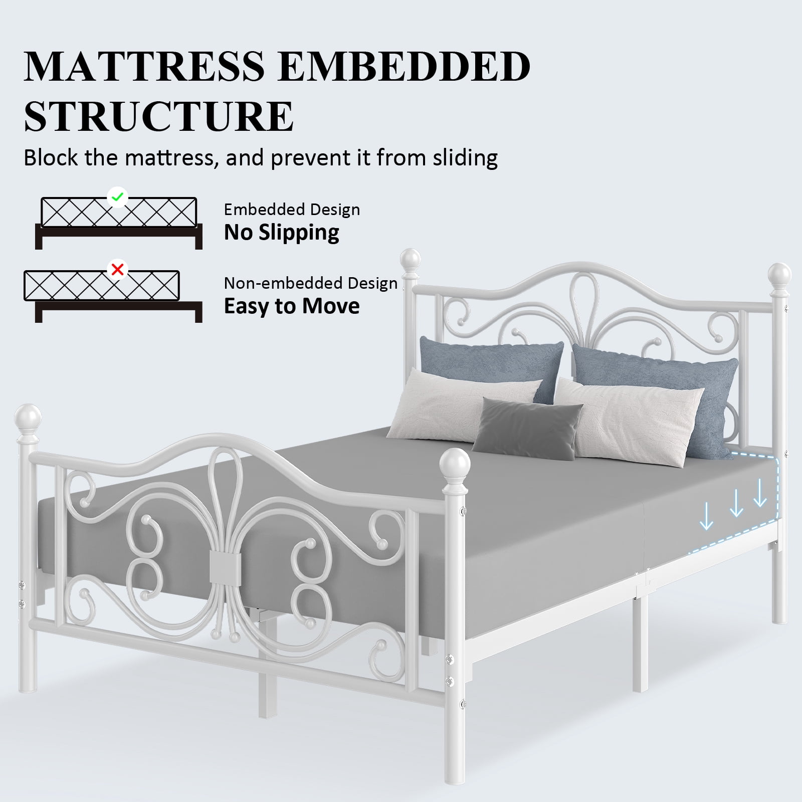 E-motie Metal Platform Bed Frame Queen Size with Butterfly Pattern Vintage Headboard & Footboard, Underbed Storage, White