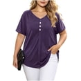 thumbnail image 3 of Plus Size Women's Plus Size Solid Color V Neck Short Sleeve Collar Blouse Tunic Top Casual Daily Wear Soft Comfy Outfits | CSEONE,Purple 2XL, 3 of 9