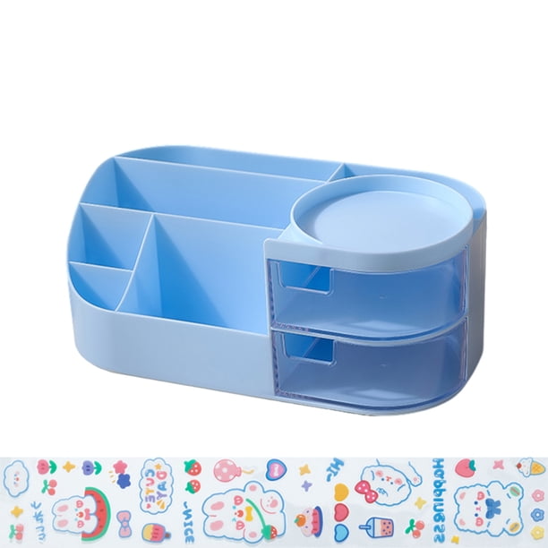 Cateissary Portalápices de escritorio de estilo japonés, cajón multifuncional, organizador de papelería, estuche para lápices, Carpetas de archivos Azul L/con pegatinas