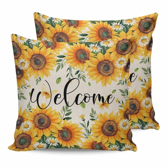 Outdoor Pillow Covers Pack of 2, Pastoral Sunflower Leaves on Linen Waterproof Throw Pillowcase Cushion Cases, Summer Welcome Quote Decorative Pillow Cover for Couch Sofa Home Bed Patio