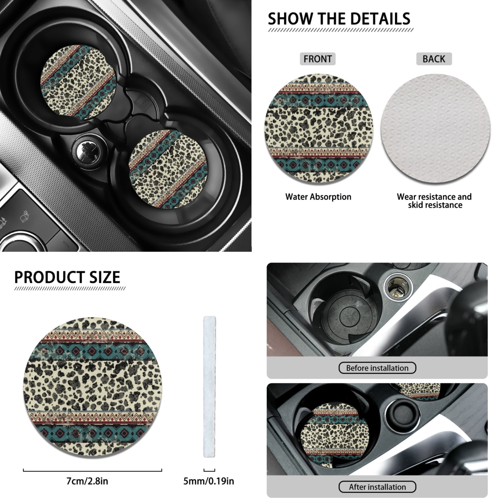 Renewold American Tribal Cow Print Beige Car Accessories Set 12 PCS, Universal Car Seat Covers Steering Wheel Armrest Cover Seat Belt Pad Coasters Handbrake Gear Shift Cover Car Accessories