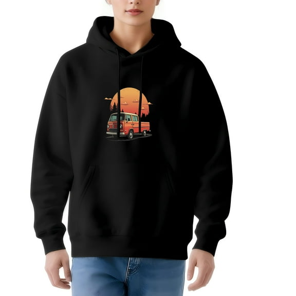 Women's Long Sleeve Hoodie Pullover with Pockets - Retro Red Van Graphic Against Sunset Sky with Silhouetted Trees