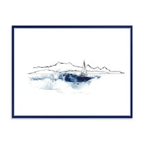 Designart 'Minimalistic Seascape With Boat and Black Mountains' Nautical & Coastal Framed Canvas Wall Art Print