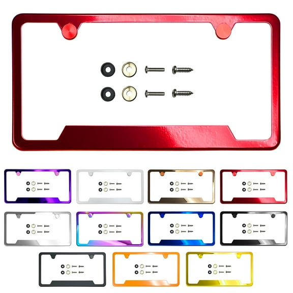KA Depot Bottom Corner Cut Out Version Red Chrome Mirror License Plate Frame T304 Stainless Steel   Metal Screw Caps