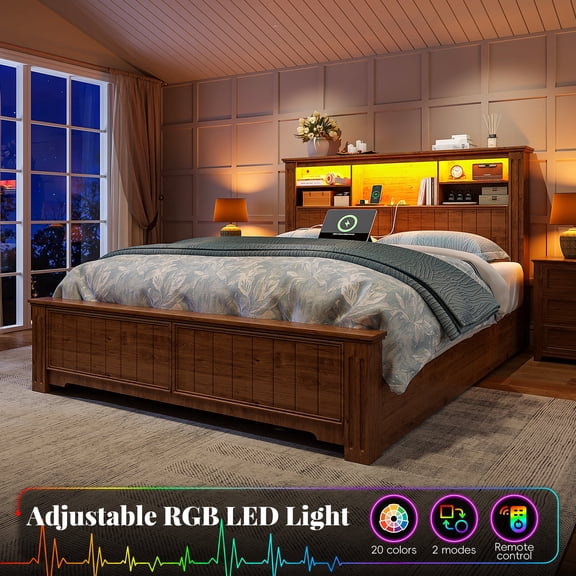 melmine Wood Bed Frame with 4 Drawers Full Size Bed Frame with 2-Tier Storage Headboard & Charge Station & LED Light,Brown