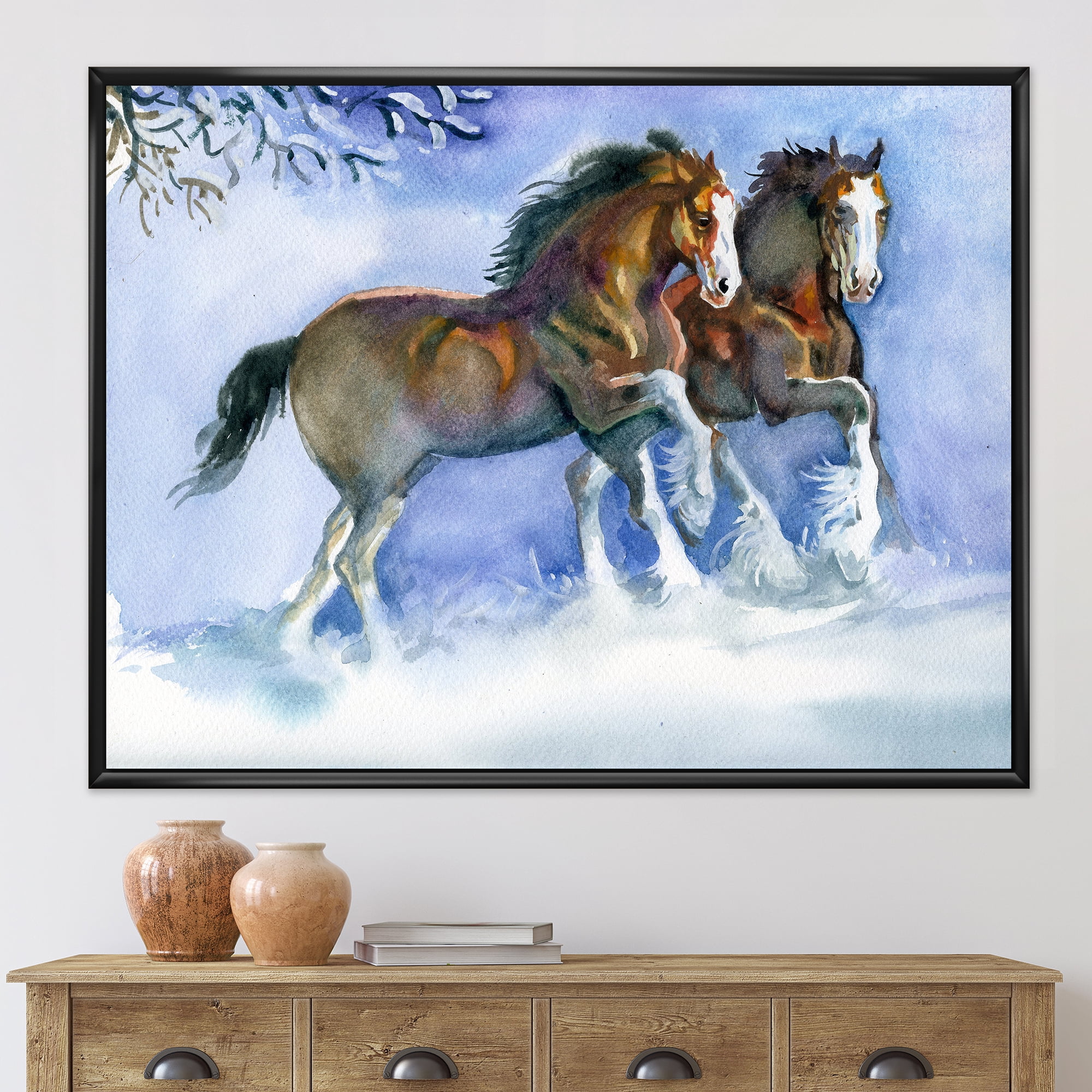 Designart 'Horses Running In Winter On Blue' Farmhouse Framed Canvas Wall Art Print