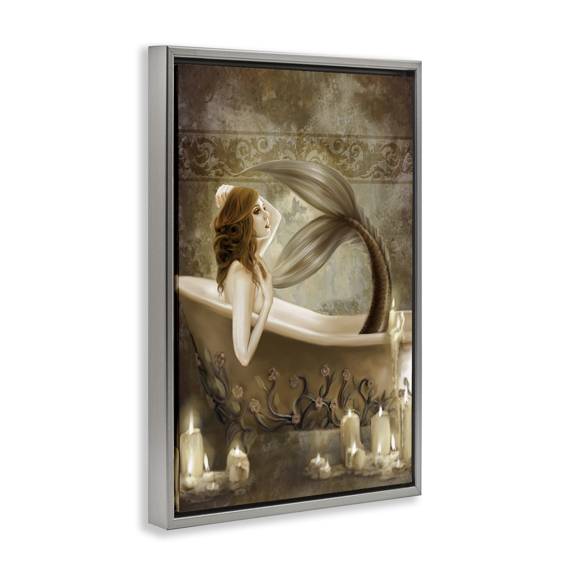 Stupell Industries Sepia Bath Time Mermaid Gray Framed Floater Canvas Wall Art, design by Selina Fenech