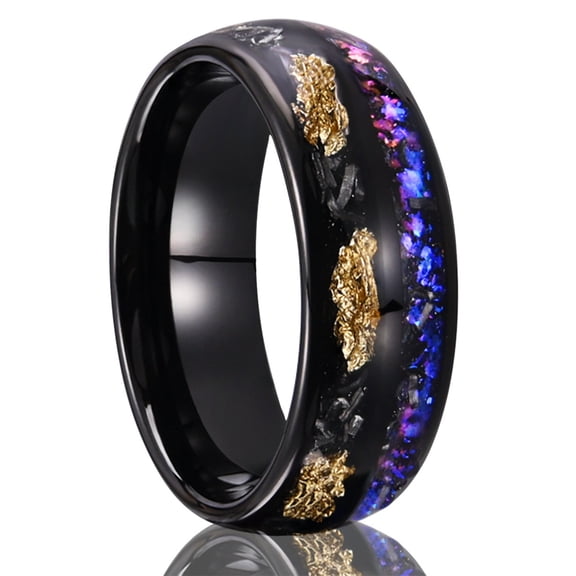 8mm Wide Black Tungsten Carbide Ring with Gold Foil Inlay Opal for Men
