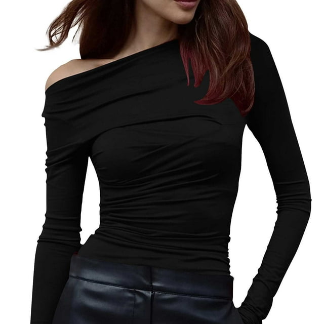 ShomPort T-Shirts for Womens Long Sleeve Drop Shoulder Irregular Pleated Stretchy Tops Solid Color Cozy Going Out Base Layer Tees Blouses