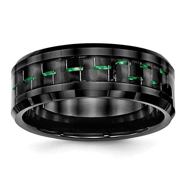 Ceramic Black with Green Carbon Fiber Inlay Beveled Edge 8mm Band Ring 11 Size