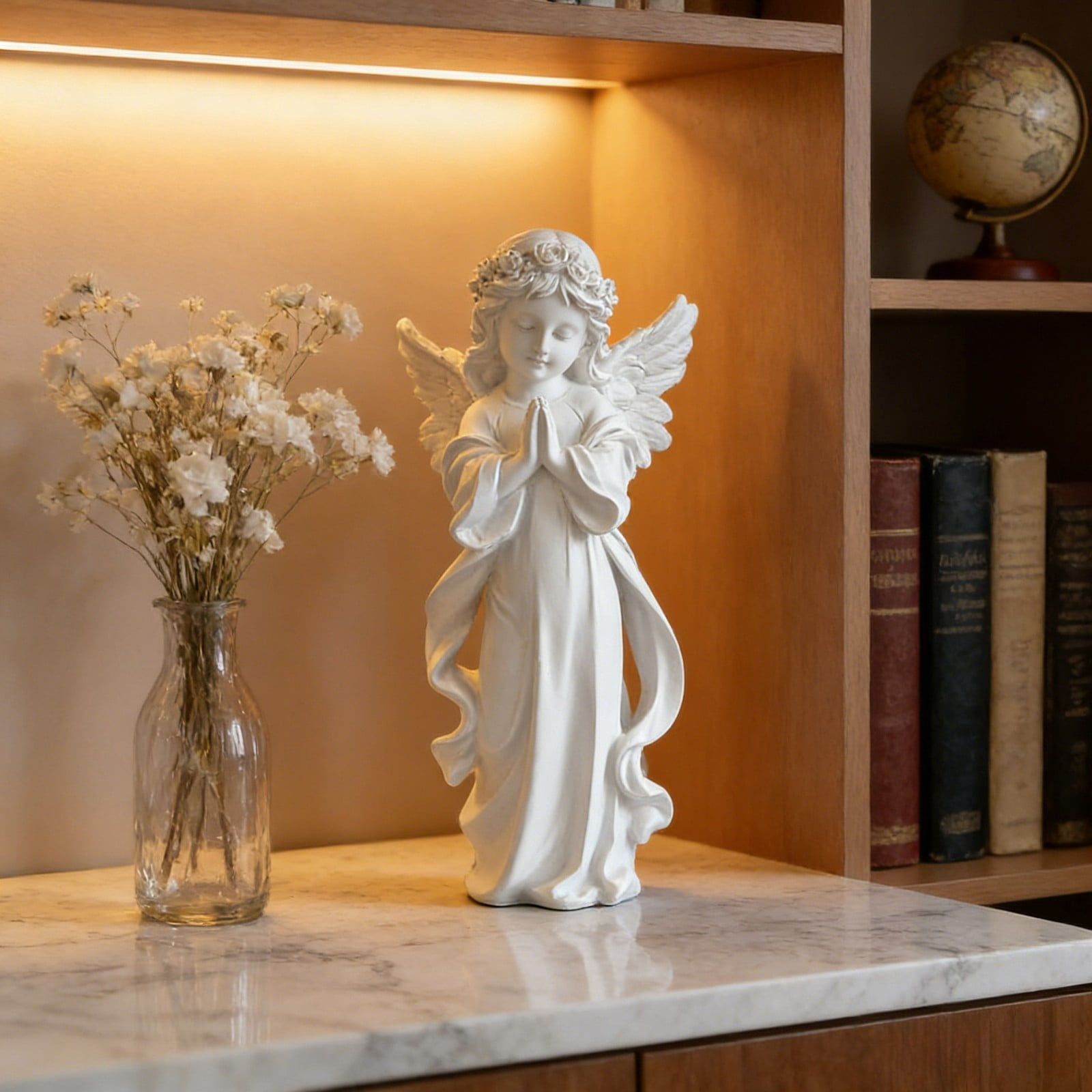 Resin Angel Figurine with Flowers - Adorable Fairy Prayer Girl Statue, Cherub Sculpture for Outdoor Garden, Indoor Shelf, Cabinets, and Home Decor Ornaments