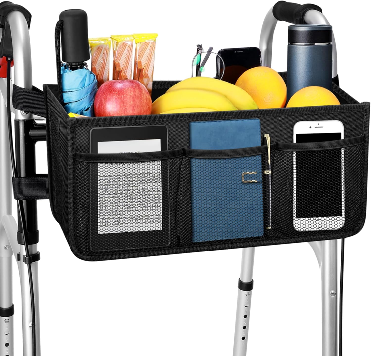 KitchenKey Upgraded Walker Basket with Cup Holder, Foldable Walker Bag with Large Capacity & Never Tipping Over, Not Fit for Rollator - Grey