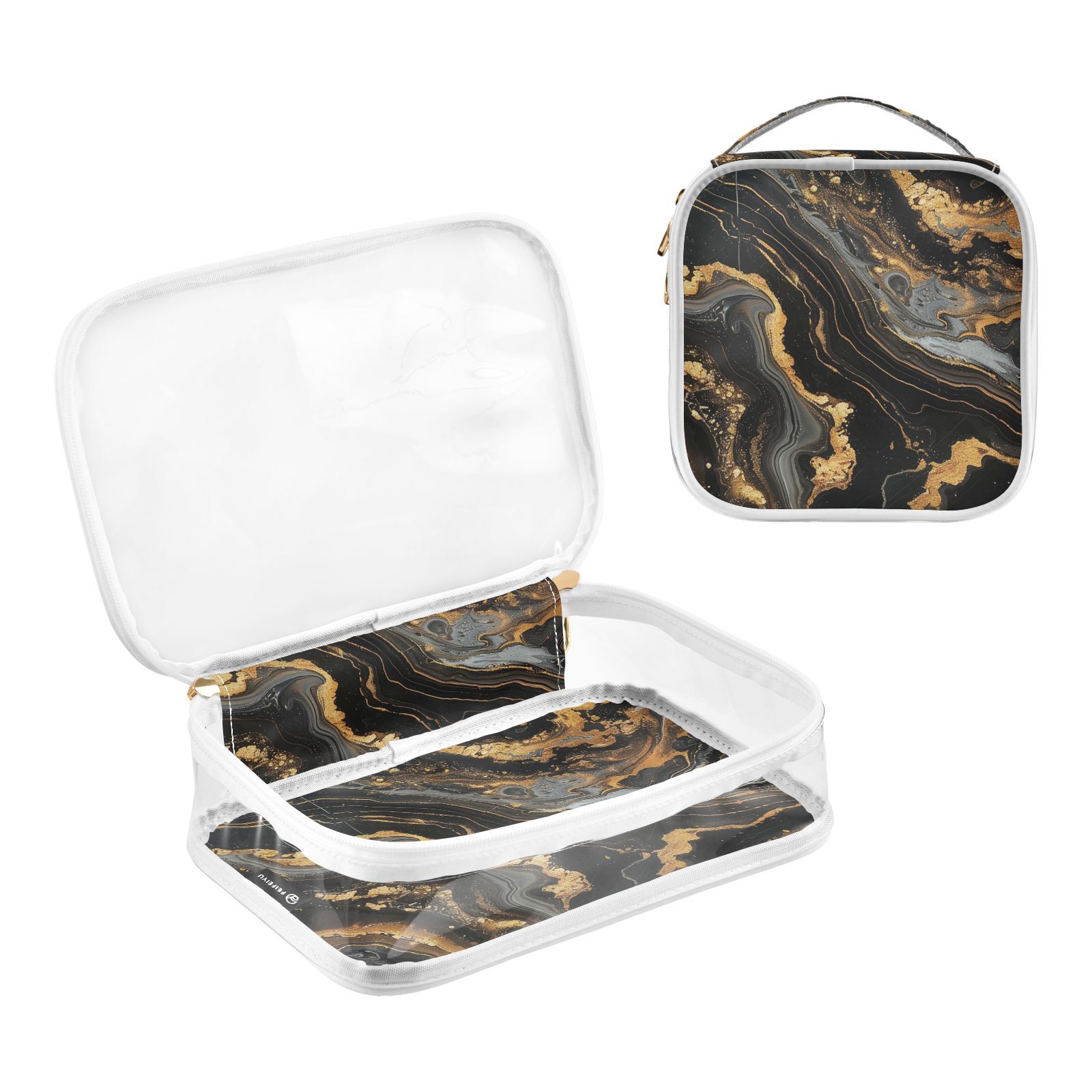Clear Makeup Bags with Handle Large Opening 2 Pack Set Toiletry Bag Quart Size Bag, for Women Man Traveling Travel Essentials, Toiletries and Other. Marble Pattern Black Gold