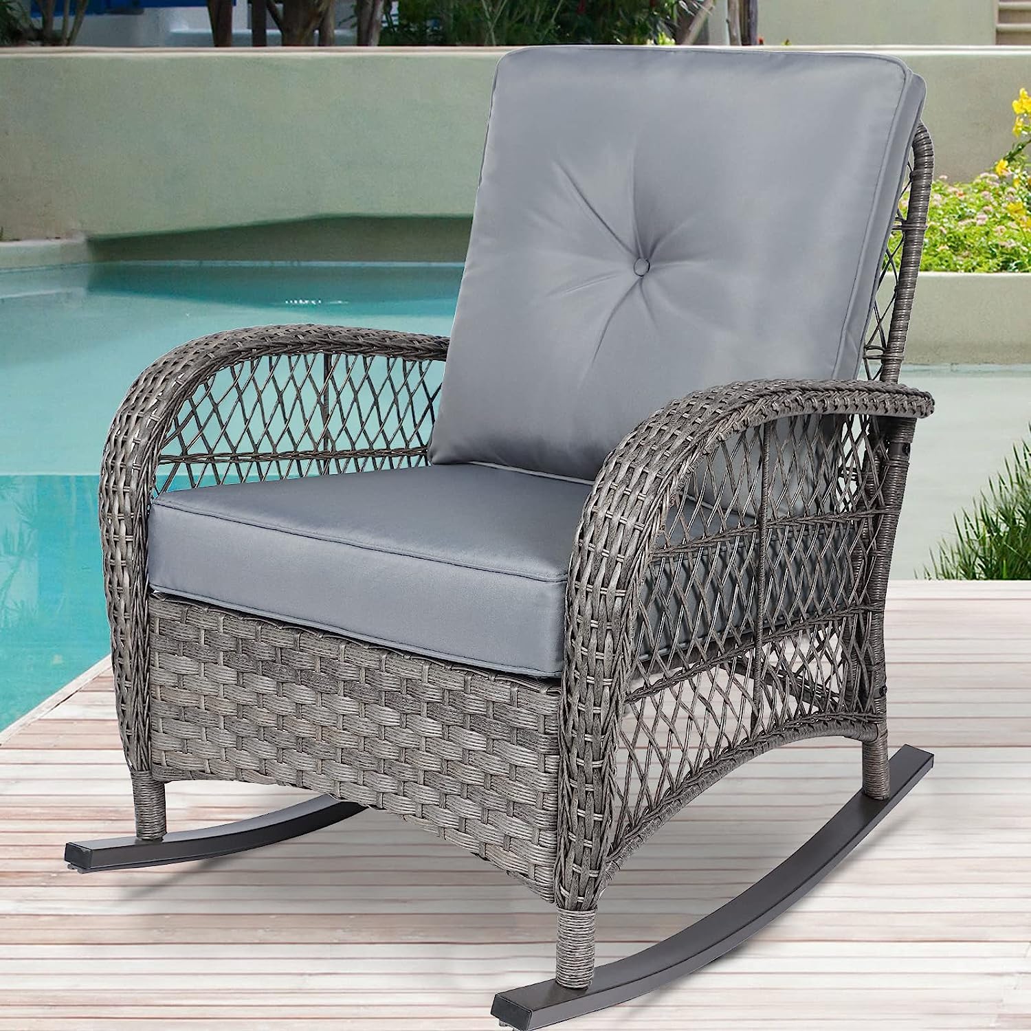 SOCIALCOMFY Outdoor Wicker Rocking Chair, Patio Rattan Rocker Chair with Steel Frame, Rocking Lawn Chair Patio Furniture, Light Brown Wicker & Grey Cushions - image 1 of 7