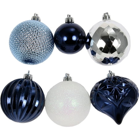 Holiday Time Blue/Silver/White Shatterproof Christmas Ornaments, Set of ...