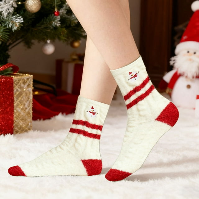 Calcetines navideños para mujer | Calcetines de media caña de forro polar grueso para otoño e invierno | Calcetines cálidos de felpa con bordado festivo | Pack de 2 calcetines navideños multicolores