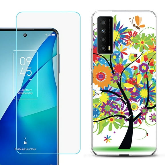Slim-Fit Gel TPU Phone Case for TCL Stylus 5G, with Tempered Glass Screen Protector, by OneToughShield ® - Colorful Tree