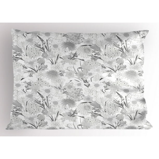 Flower Pillow Sham, Monochrome Bouquet of Wildflowers Leaves Pattern