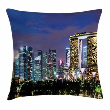 Travel Decor Throw Pillow Cushion Cover, Singapore Cityscape at Night Modern Architecture Urban Life Asian Landmark, Decorative Square Accent Pillow Case, 16 X 16 Inches, Multicolor, by Ambesonne